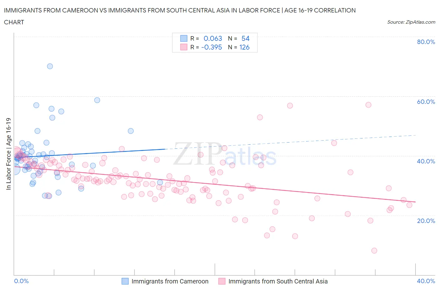 Immigrants from Cameroon vs Immigrants from South Central Asia In Labor Force | Age 16-19