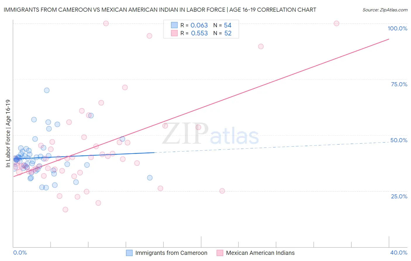 Immigrants from Cameroon vs Mexican American Indian In Labor Force | Age 16-19