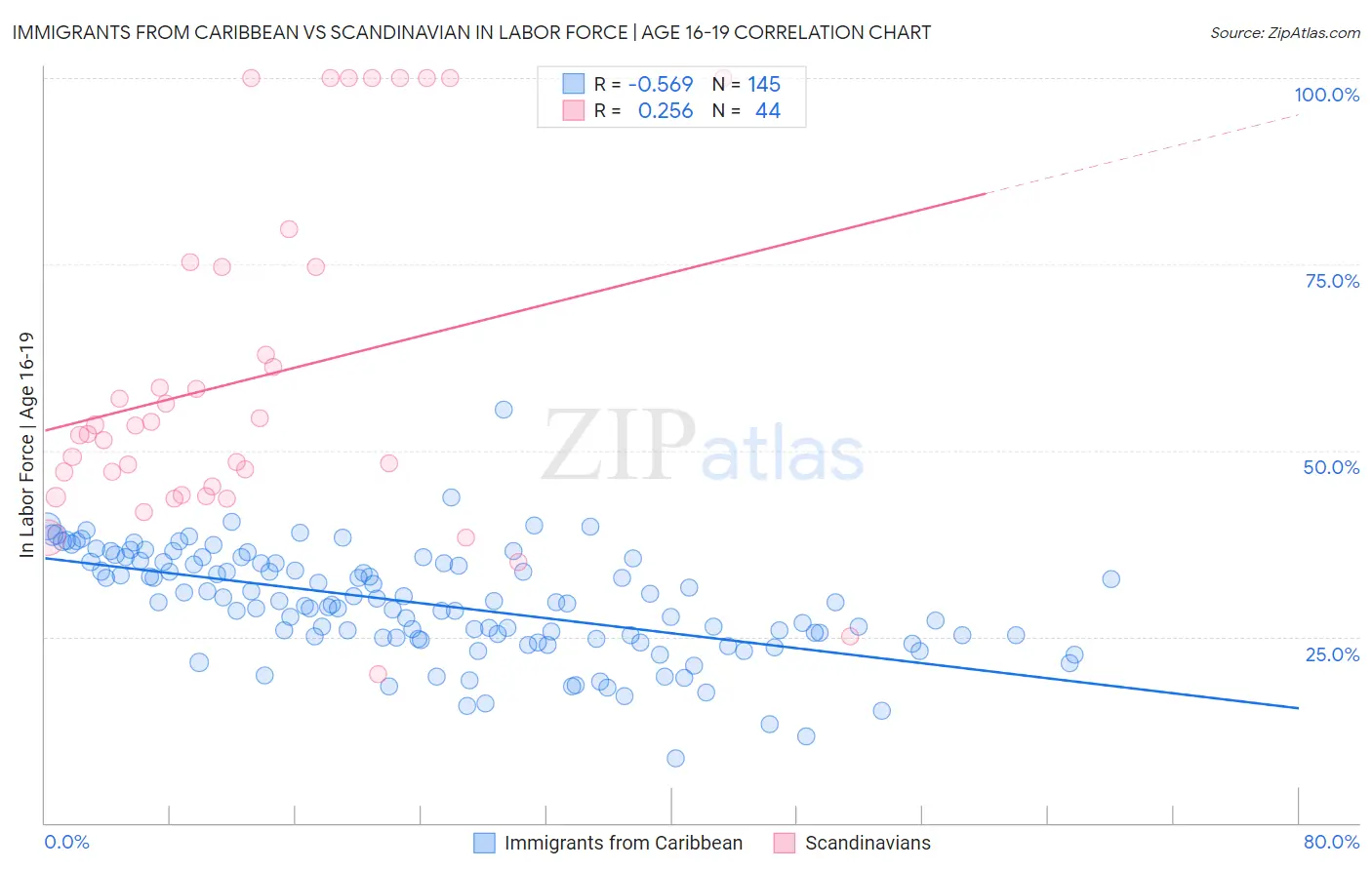 Immigrants from Caribbean vs Scandinavian In Labor Force | Age 16-19