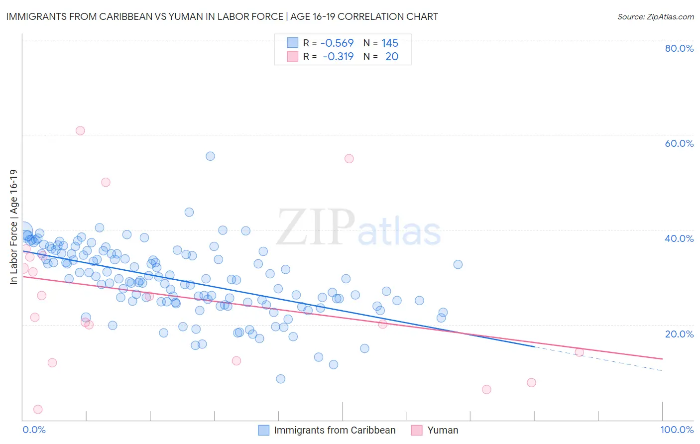 Immigrants from Caribbean vs Yuman In Labor Force | Age 16-19