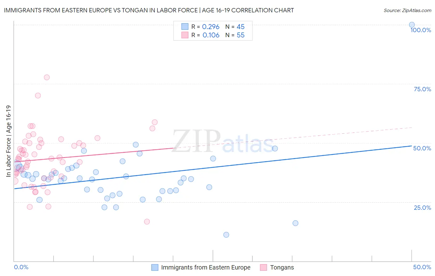 Immigrants from Eastern Europe vs Tongan In Labor Force | Age 16-19