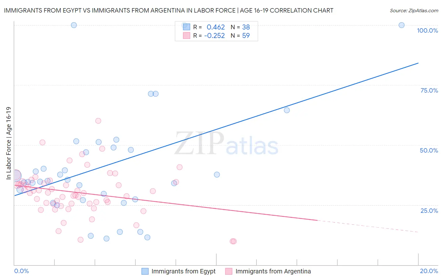 Immigrants from Egypt vs Immigrants from Argentina In Labor Force | Age 16-19