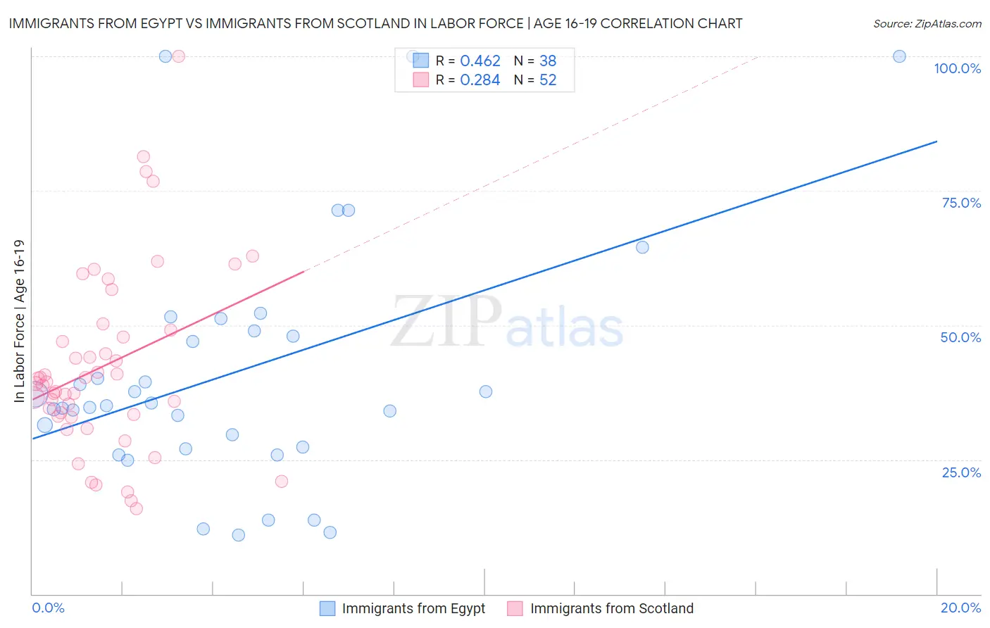 Immigrants from Egypt vs Immigrants from Scotland In Labor Force | Age 16-19