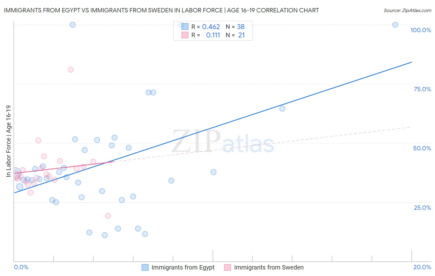 Immigrants from Egypt vs Immigrants from Sweden In Labor Force | Age 16-19