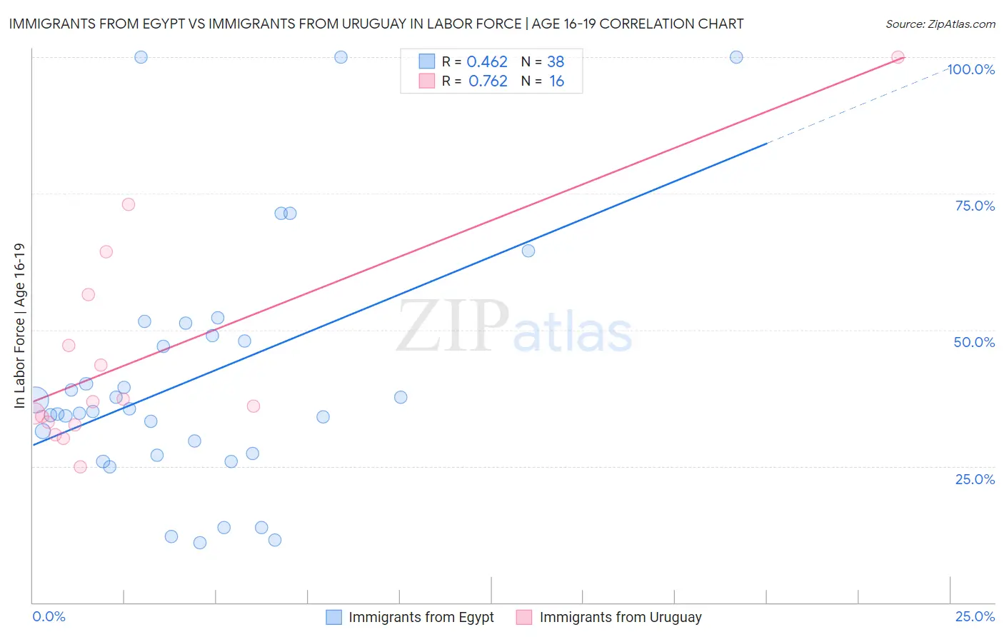 Immigrants from Egypt vs Immigrants from Uruguay In Labor Force | Age 16-19