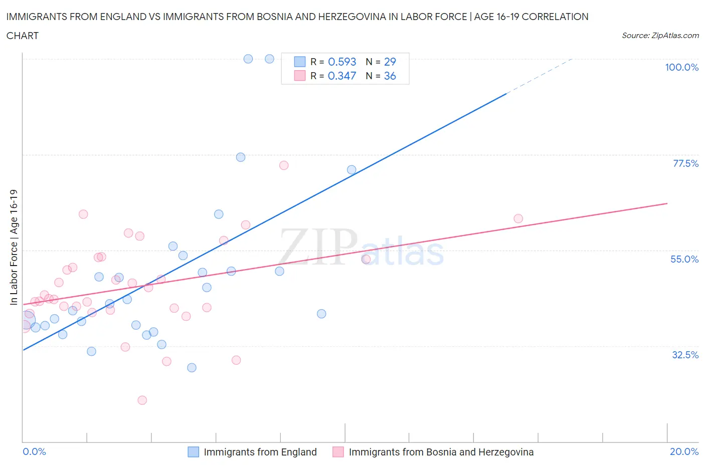 Immigrants from England vs Immigrants from Bosnia and Herzegovina In Labor Force | Age 16-19