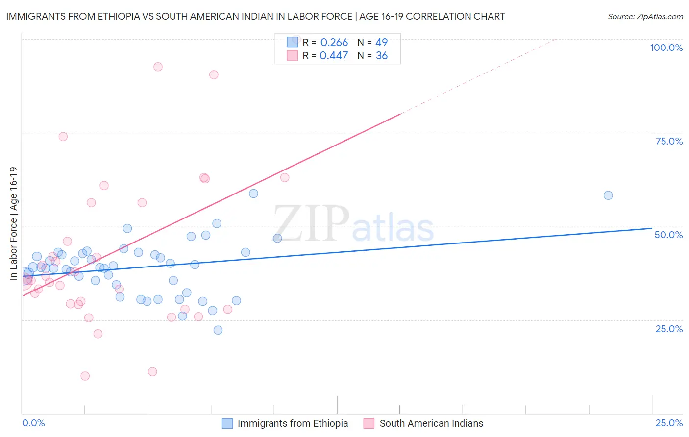 Immigrants from Ethiopia vs South American Indian In Labor Force | Age 16-19