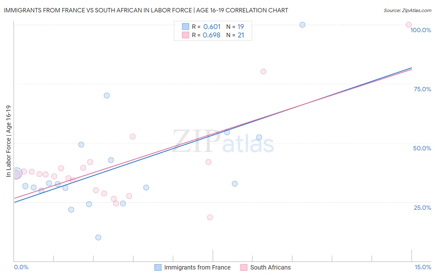 Immigrants from France vs South African In Labor Force | Age 16-19