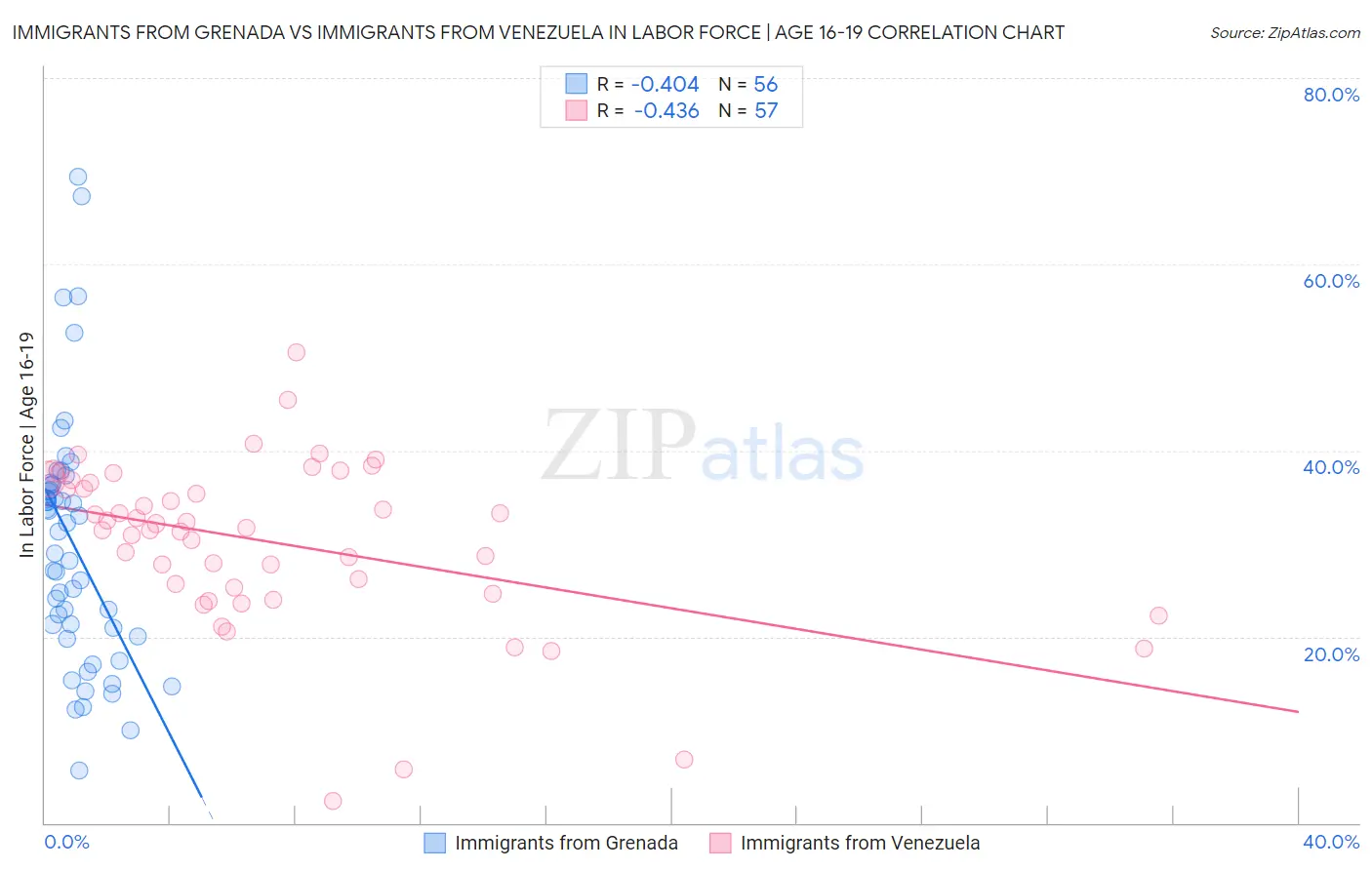 Immigrants from Grenada vs Immigrants from Venezuela In Labor Force | Age 16-19