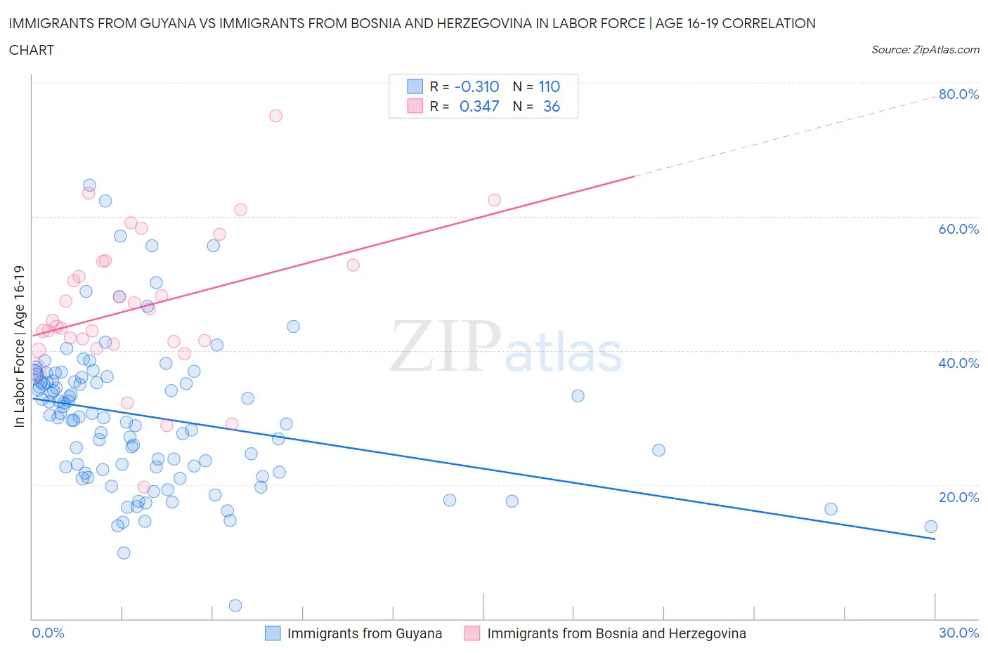 Immigrants from Guyana vs Immigrants from Bosnia and Herzegovina In Labor Force | Age 16-19