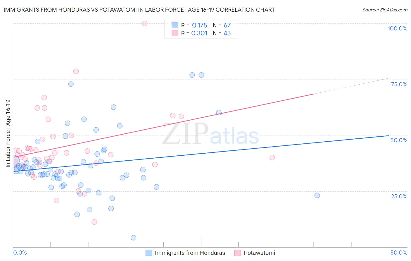 Immigrants from Honduras vs Potawatomi In Labor Force | Age 16-19