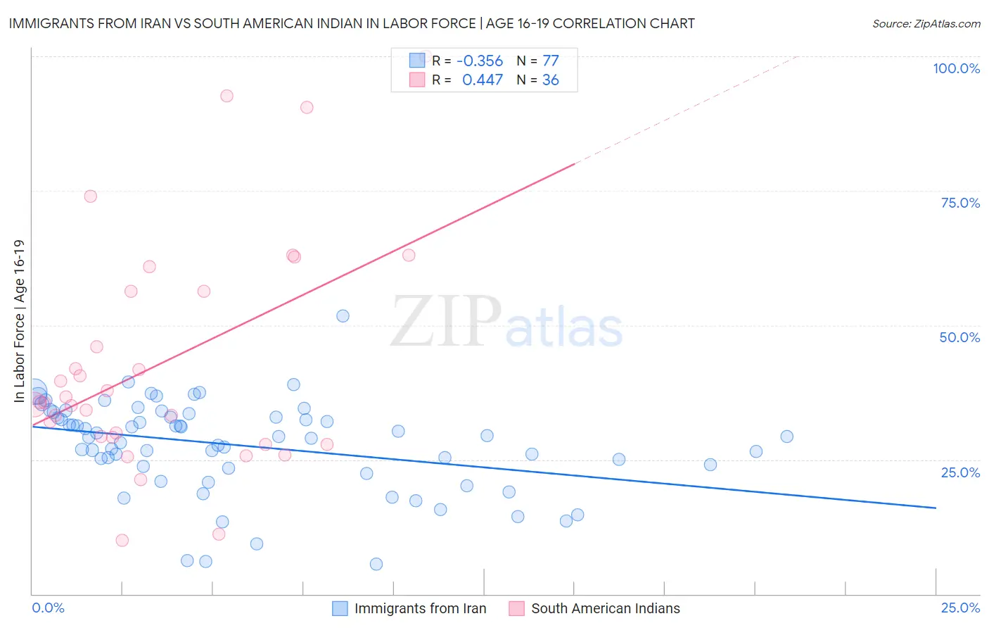 Immigrants from Iran vs South American Indian In Labor Force | Age 16-19