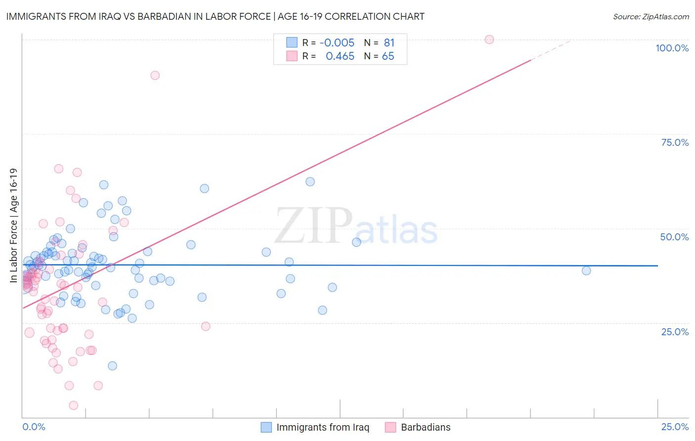 Immigrants from Iraq vs Barbadian In Labor Force | Age 16-19