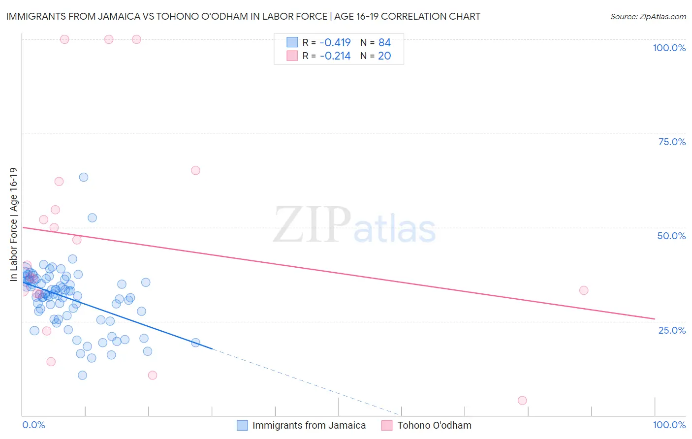 Immigrants from Jamaica vs Tohono O'odham In Labor Force | Age 16-19