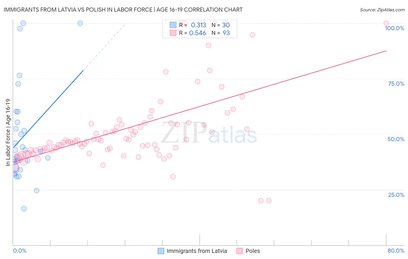 Immigrants from Latvia vs Polish In Labor Force | Age 16-19