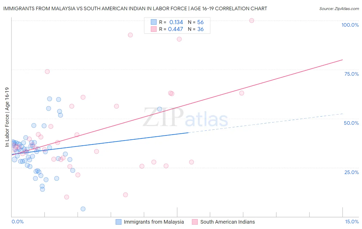 Immigrants from Malaysia vs South American Indian In Labor Force | Age 16-19