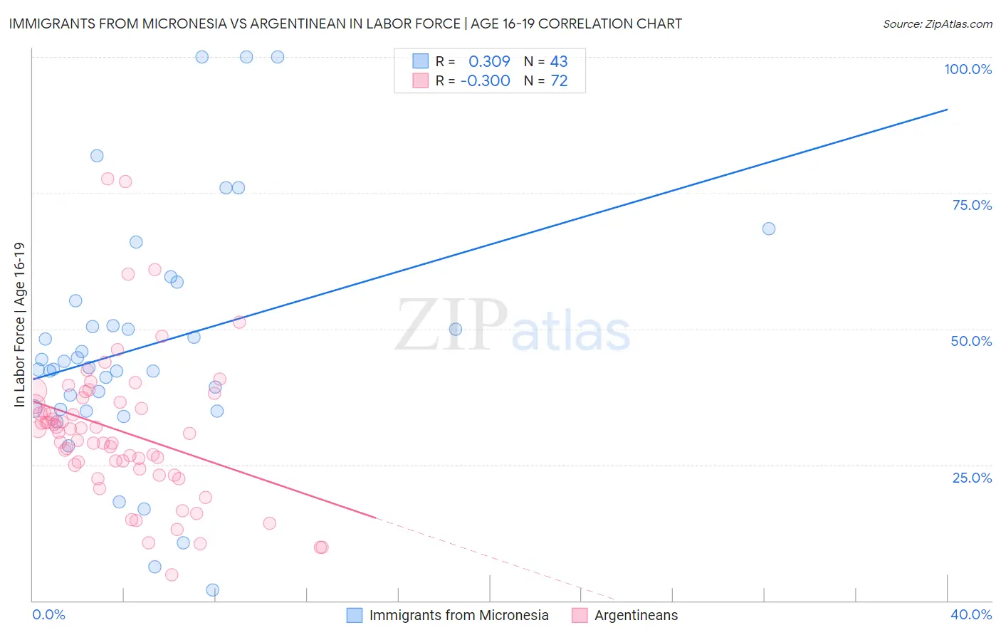 Immigrants from Micronesia vs Argentinean In Labor Force | Age 16-19