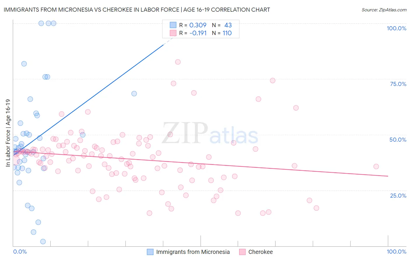 Immigrants from Micronesia vs Cherokee In Labor Force | Age 16-19