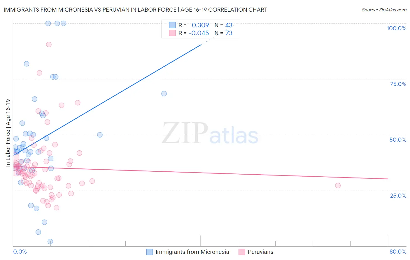 Immigrants from Micronesia vs Peruvian In Labor Force | Age 16-19