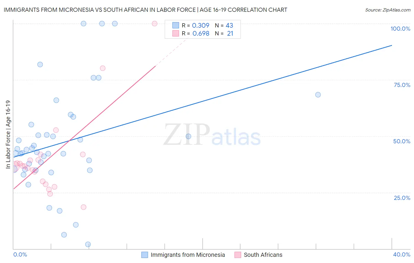 Immigrants from Micronesia vs South African In Labor Force | Age 16-19