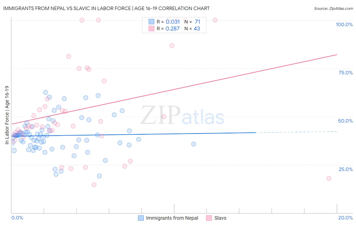 Immigrants from Nepal vs Slavic In Labor Force | Age 16-19