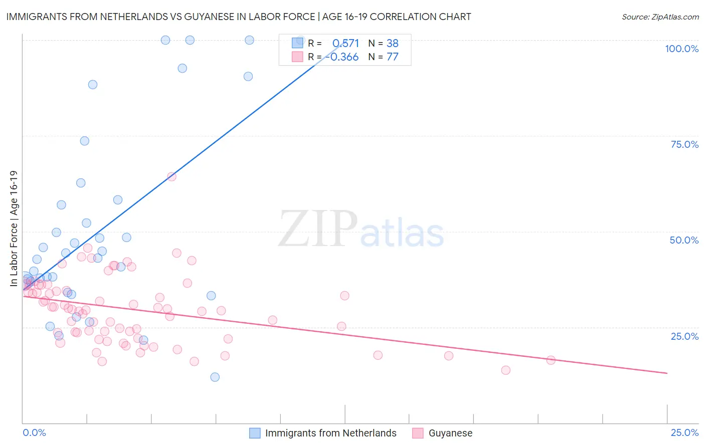 Immigrants from Netherlands vs Guyanese In Labor Force | Age 16-19