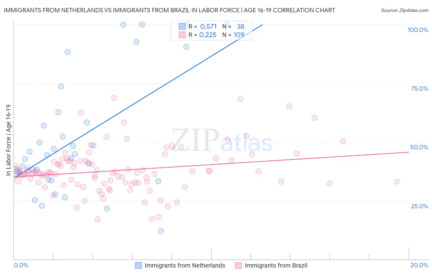 Immigrants from Netherlands vs Immigrants from Brazil In Labor Force | Age 16-19