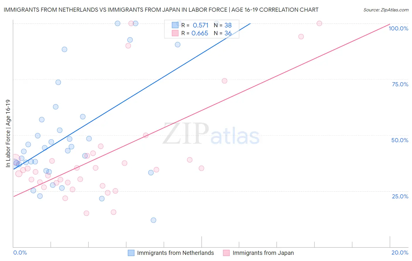 Immigrants from Netherlands vs Immigrants from Japan In Labor Force | Age 16-19