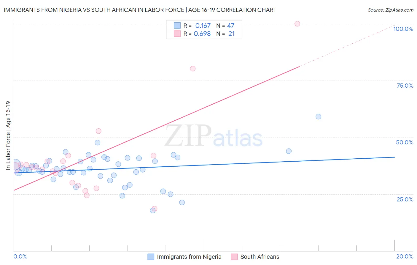 Immigrants from Nigeria vs South African In Labor Force | Age 16-19