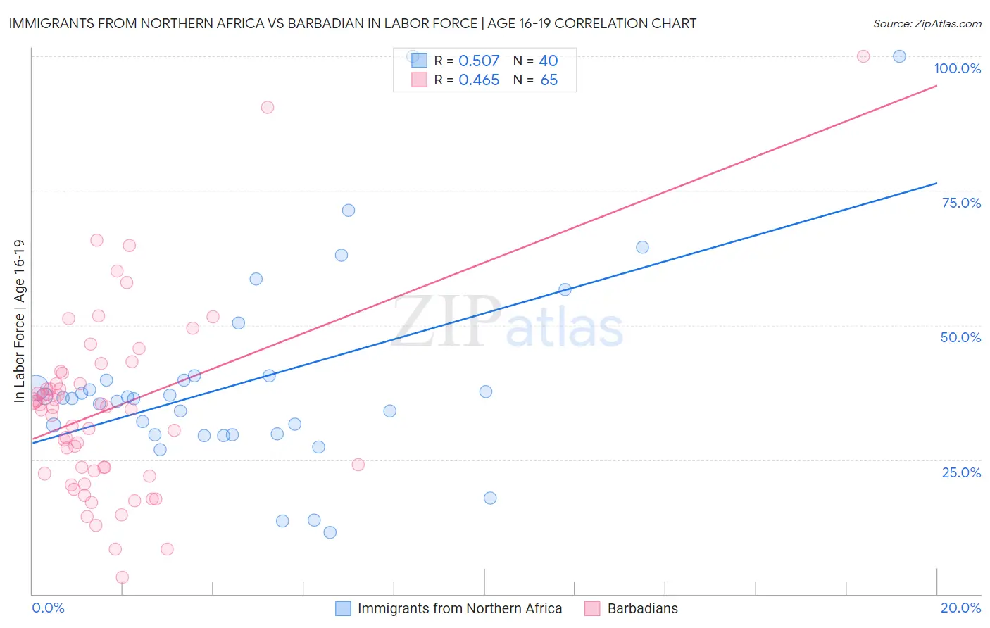 Immigrants from Northern Africa vs Barbadian In Labor Force | Age 16-19
