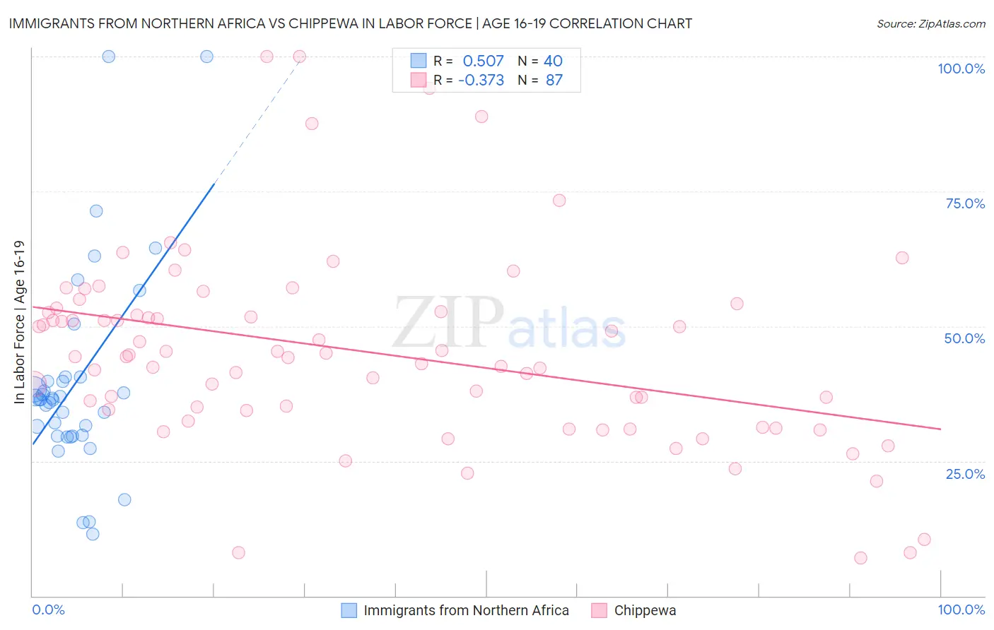 Immigrants from Northern Africa vs Chippewa In Labor Force | Age 16-19