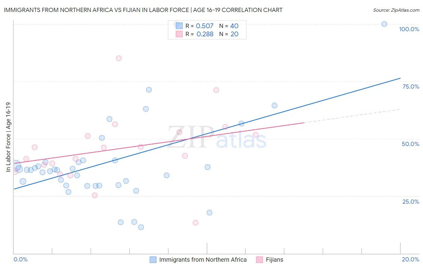 Immigrants from Northern Africa vs Fijian In Labor Force | Age 16-19