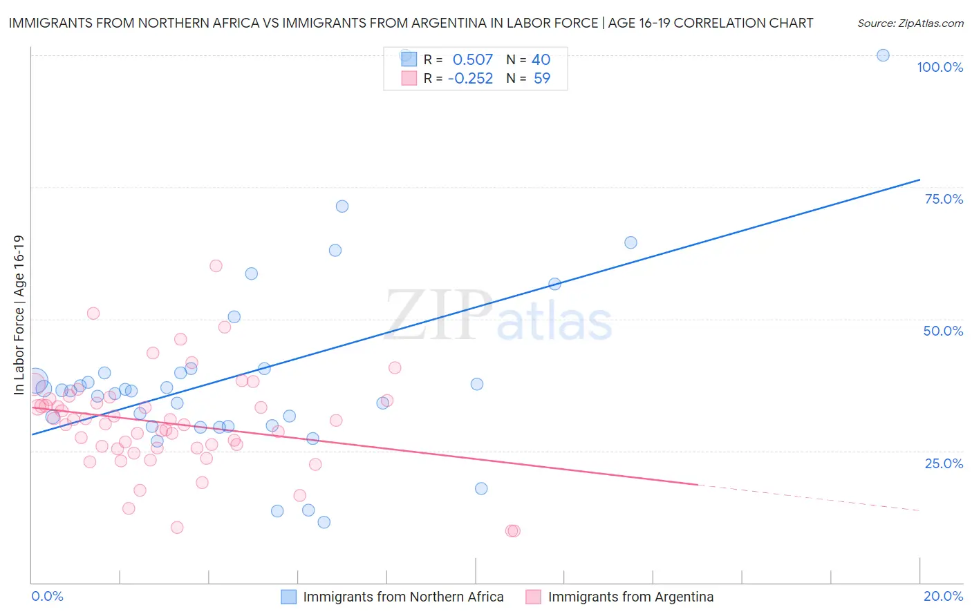 Immigrants from Northern Africa vs Immigrants from Argentina In Labor Force | Age 16-19
