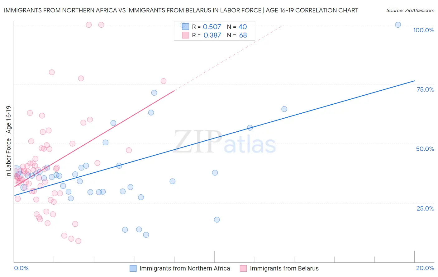 Immigrants from Northern Africa vs Immigrants from Belarus In Labor Force | Age 16-19