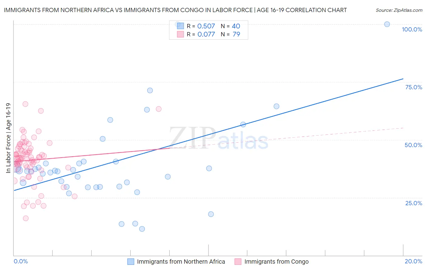 Immigrants from Northern Africa vs Immigrants from Congo In Labor Force | Age 16-19