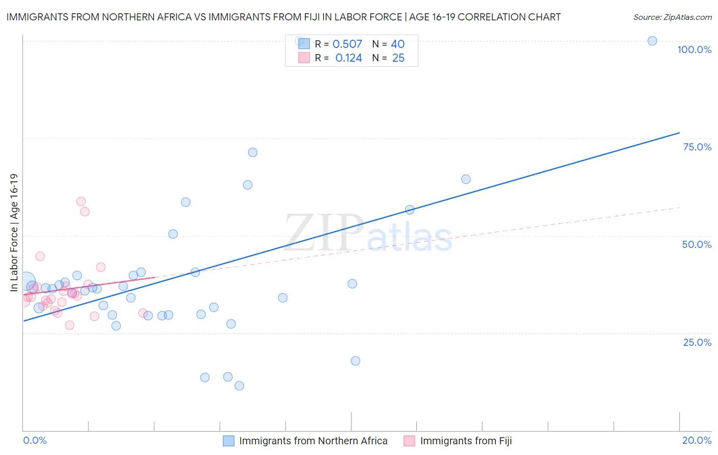 Immigrants from Northern Africa vs Immigrants from Fiji In Labor Force | Age 16-19