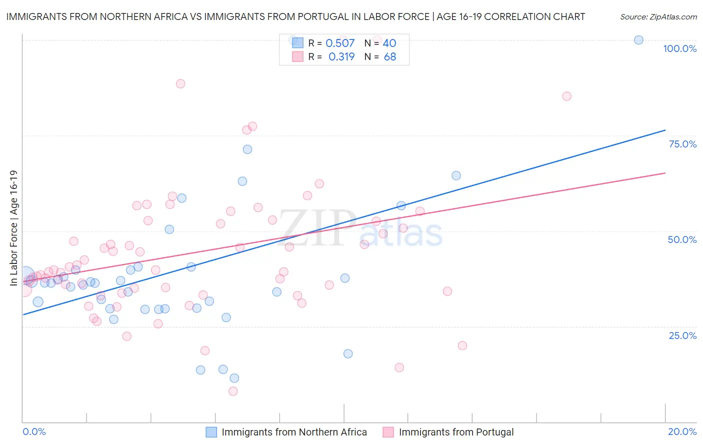 Immigrants from Northern Africa vs Immigrants from Portugal In Labor Force | Age 16-19