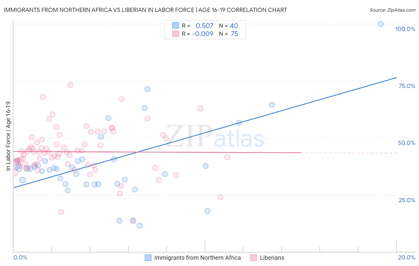 Immigrants from Northern Africa vs Liberian In Labor Force | Age 16-19