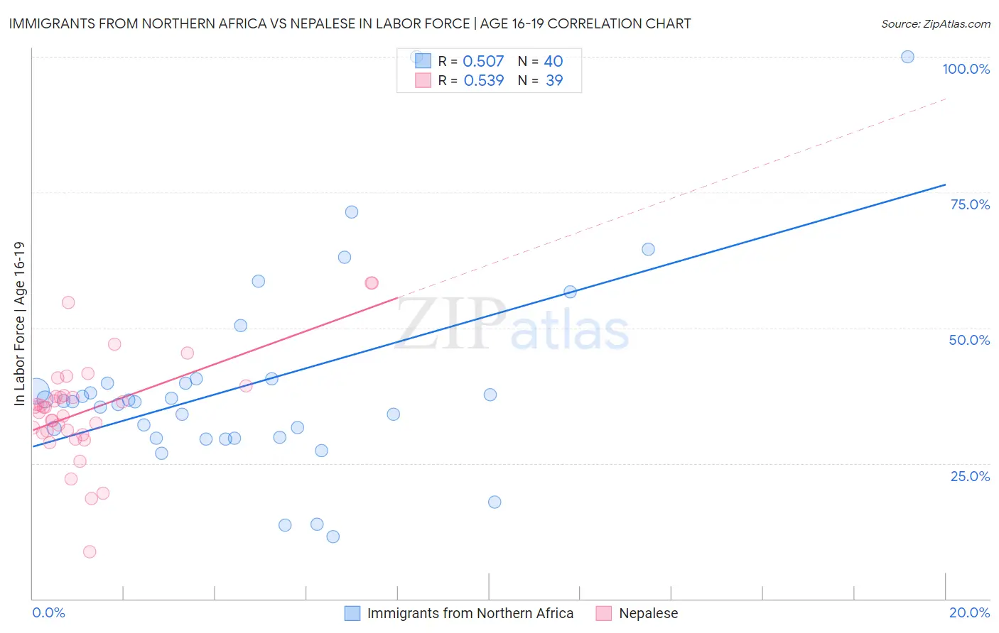 Immigrants from Northern Africa vs Nepalese In Labor Force | Age 16-19