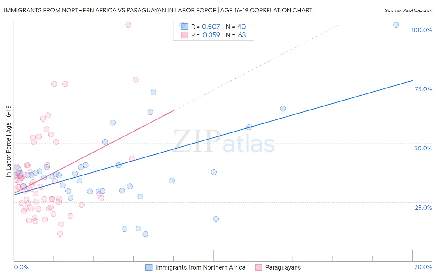 Immigrants from Northern Africa vs Paraguayan In Labor Force | Age 16-19