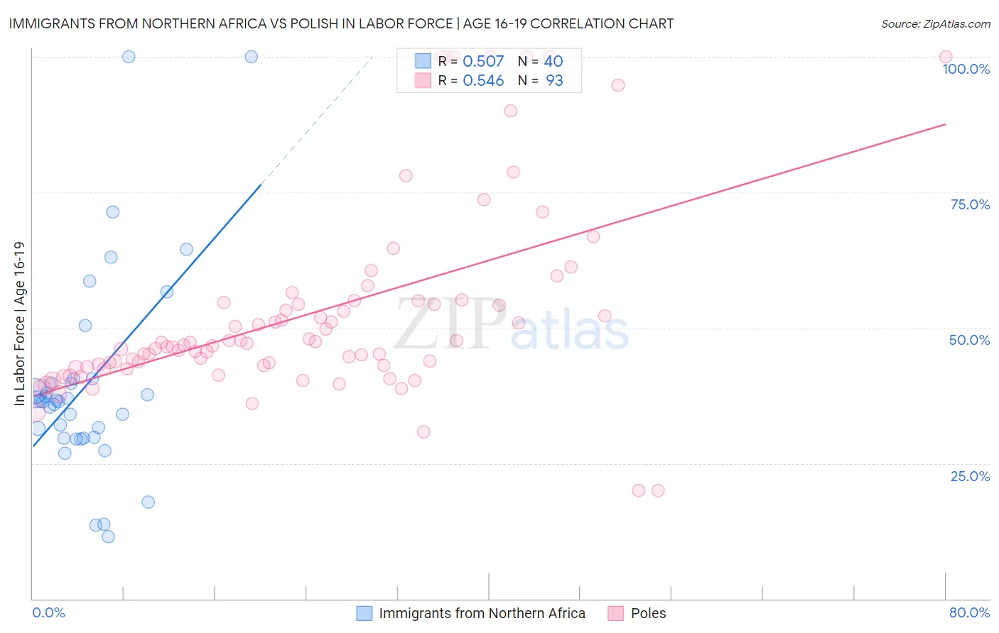 Immigrants from Northern Africa vs Polish In Labor Force | Age 16-19