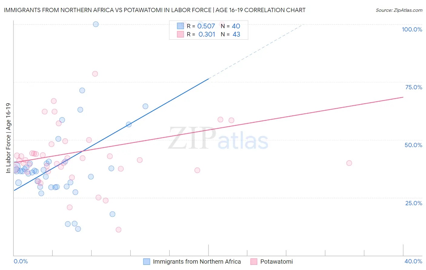 Immigrants from Northern Africa vs Potawatomi In Labor Force | Age 16-19