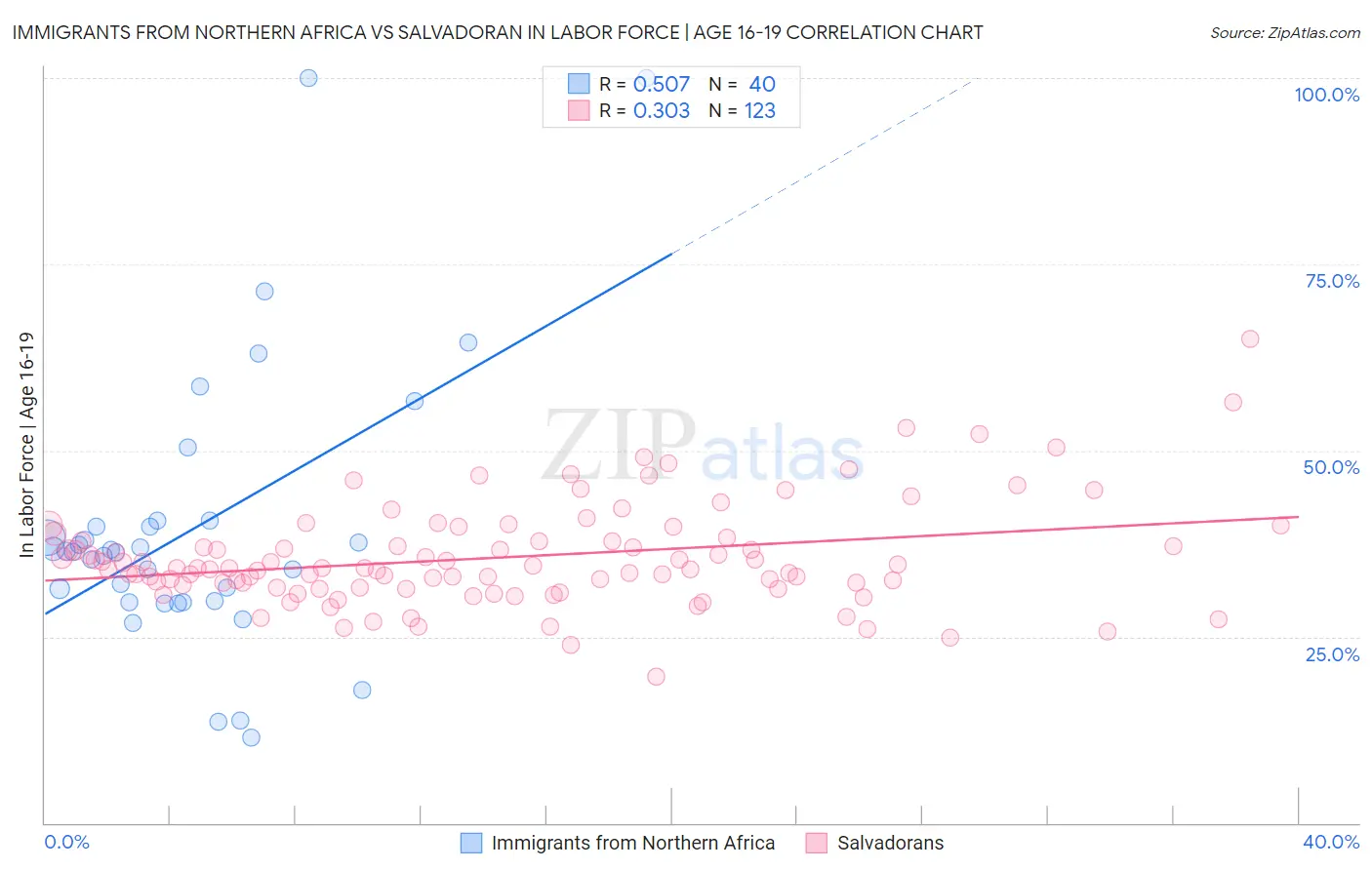Immigrants from Northern Africa vs Salvadoran In Labor Force | Age 16-19