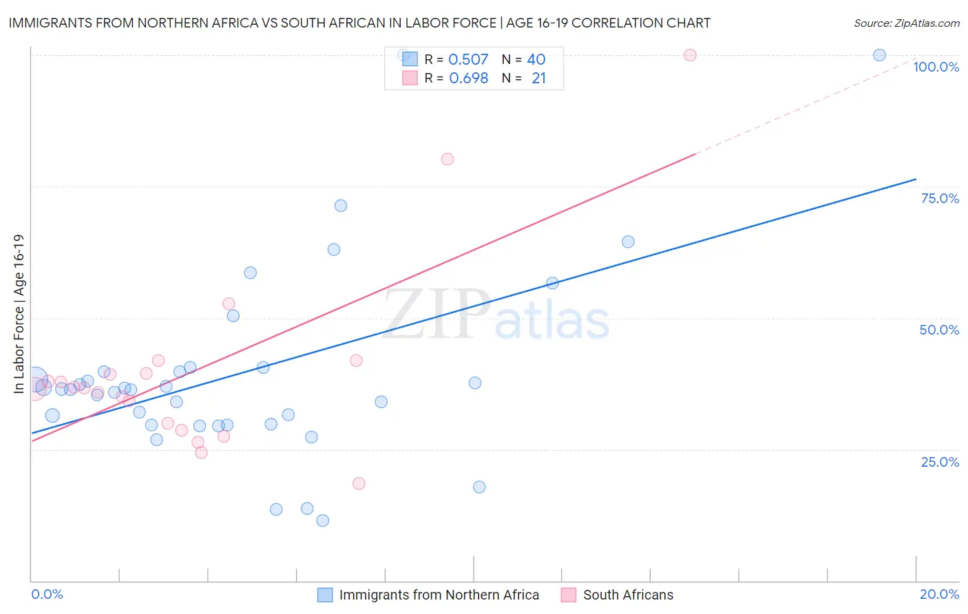 Immigrants from Northern Africa vs South African In Labor Force | Age 16-19