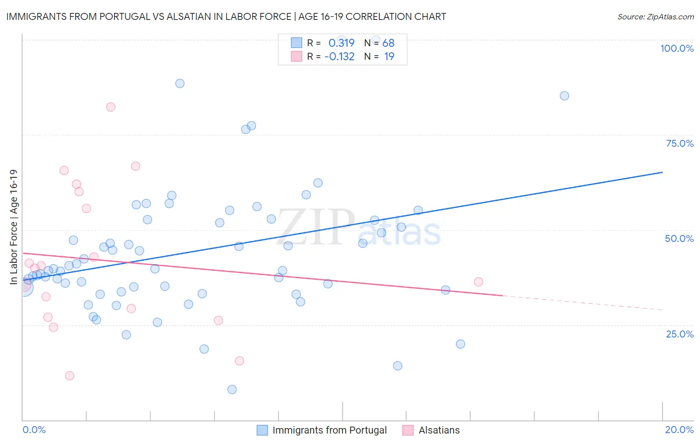 Immigrants from Portugal vs Alsatian In Labor Force | Age 16-19