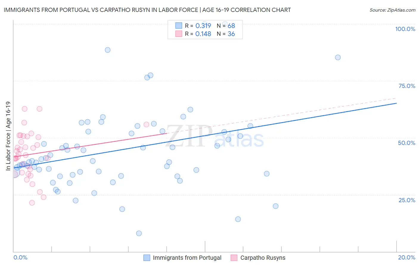 Immigrants from Portugal vs Carpatho Rusyn In Labor Force | Age 16-19