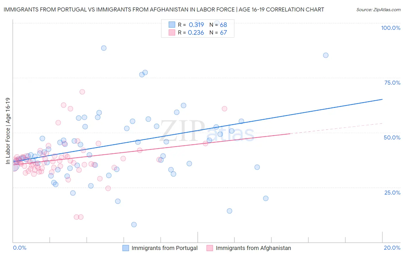 Immigrants from Portugal vs Immigrants from Afghanistan In Labor Force | Age 16-19