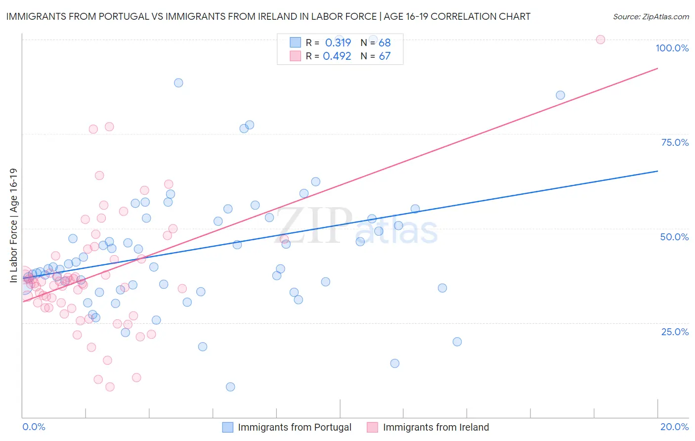 Immigrants from Portugal vs Immigrants from Ireland In Labor Force | Age 16-19