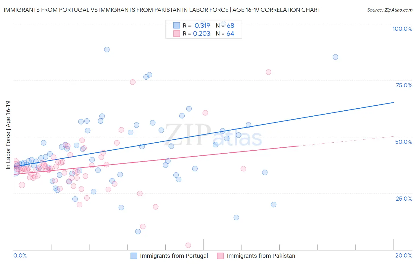 Immigrants from Portugal vs Immigrants from Pakistan In Labor Force | Age 16-19