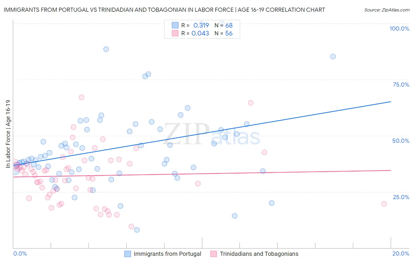 Immigrants from Portugal vs Trinidadian and Tobagonian In Labor Force | Age 16-19